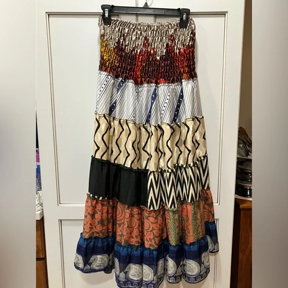 Jessica Taylor Skirt Maxi 100% SILK Patchwork stretch Free Size Small-Large BOHO - Picture 11 of 13